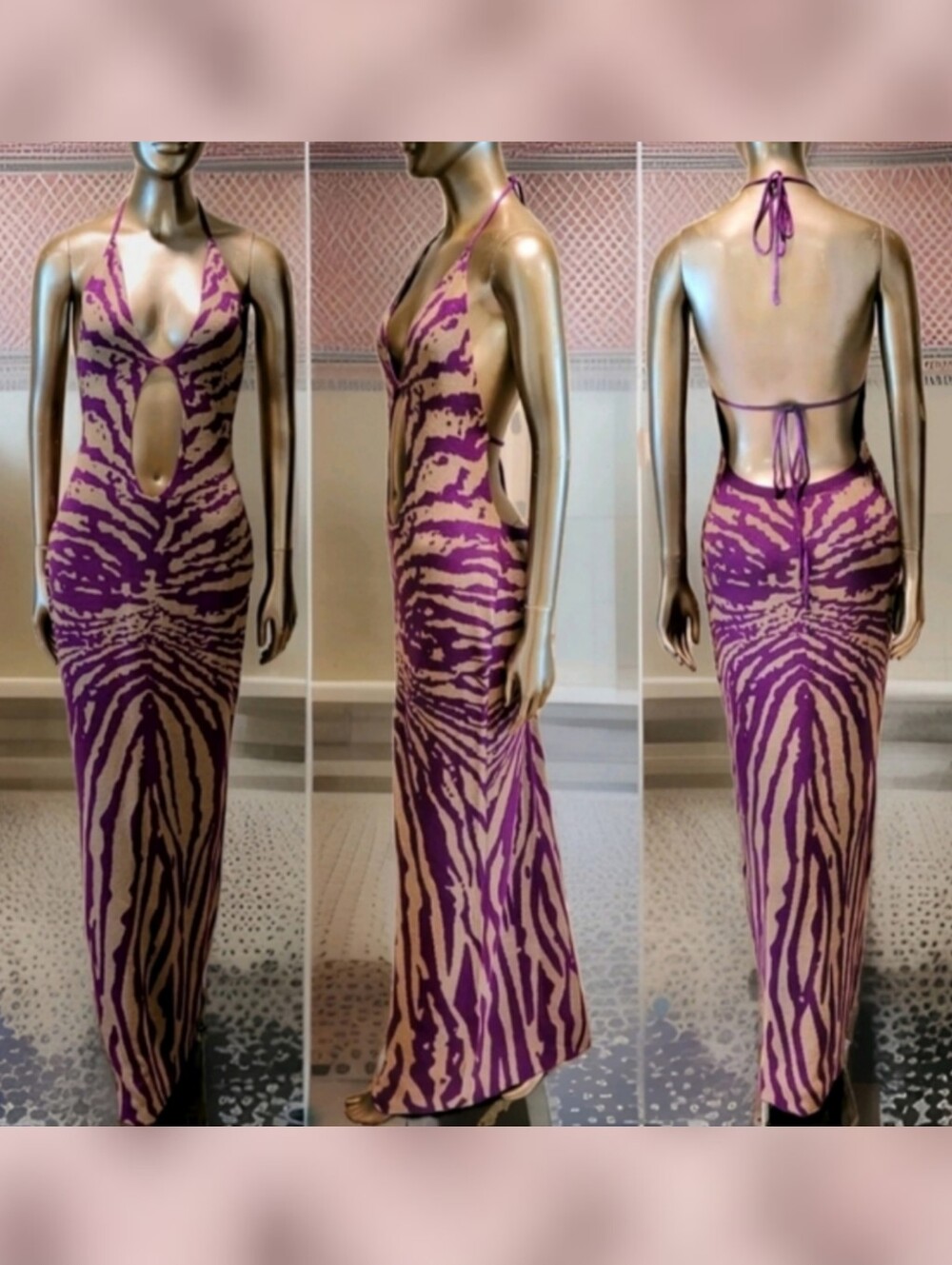NWT Zebra Print Halter Neck Cut Out Tie Back Bodycon Knit Maxi Dress Sz M - Picture 13 of 13